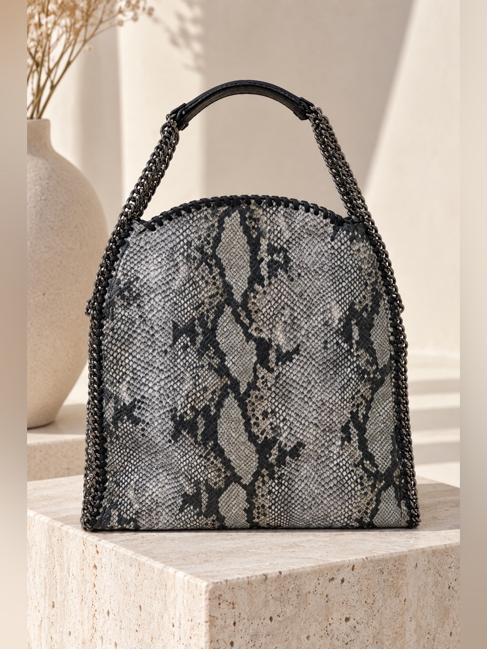 Steve Madden Gray and Black Snake-Print Chain Tote